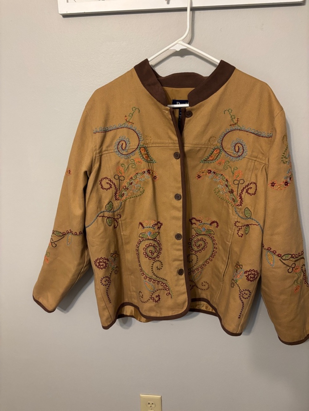 Denim & Co. Embroidered Tan Jacket with Brown Trim - Picture 3 of 13